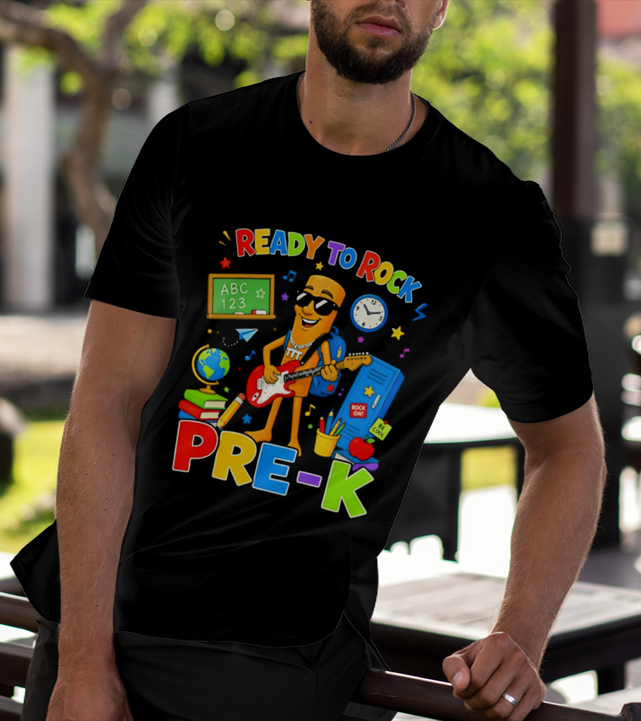 Ready To Rock Pre K Cartoon With Guitar And School Supplies T-Shirt