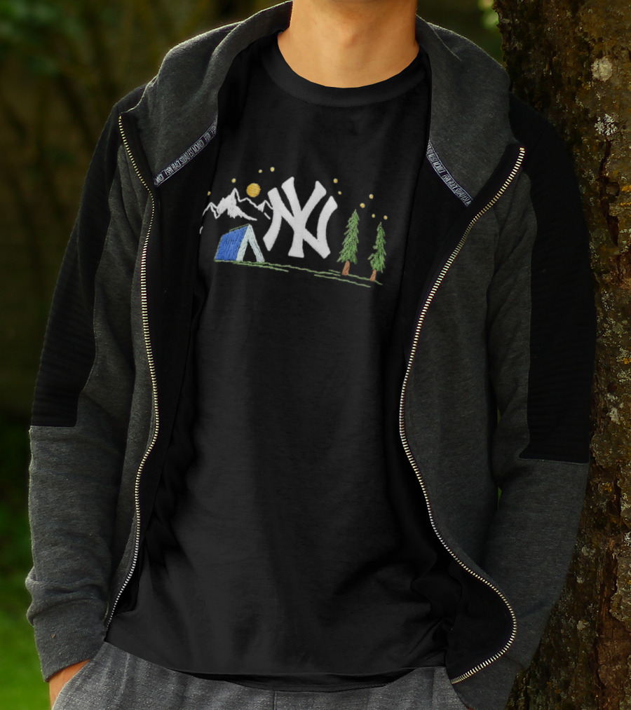 New York Yankees Embroidered Camping Mountain Tent Scene Cap T-Shirt