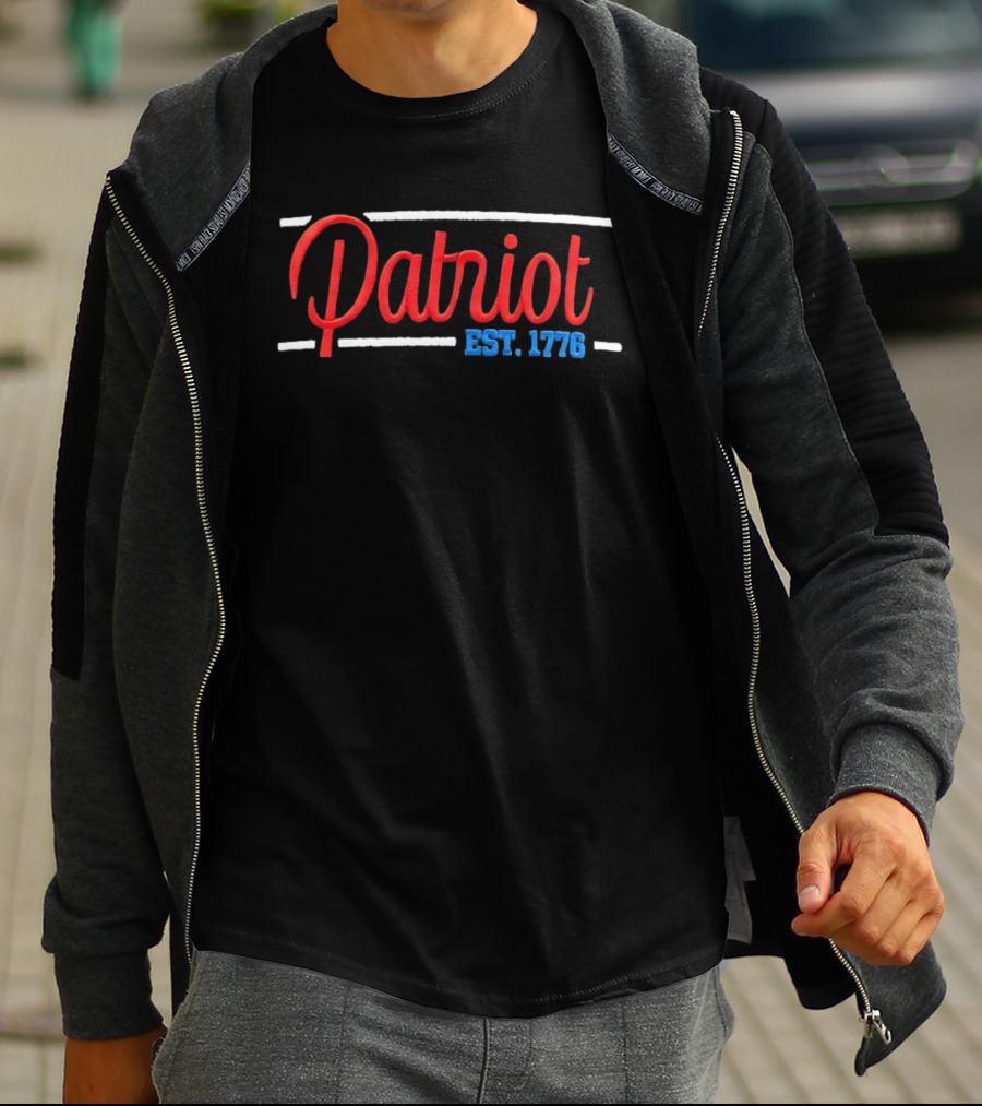 Patriot Est 1776 American Independence Bold Red And Blue Embroidered Lettering T-Shirt