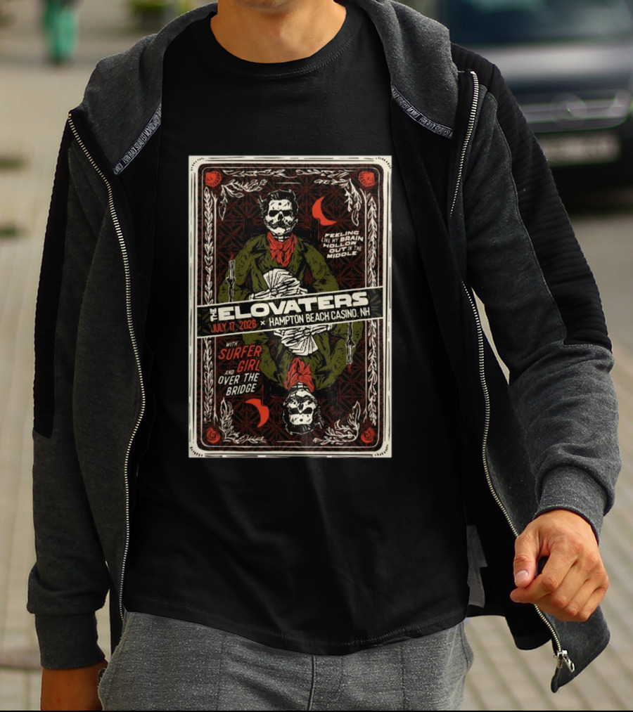 The Elovaters July 17 2026 Hampton Beach Casino NH Surfer Girl Over The Bridge Skeleton Cards T-Shirt