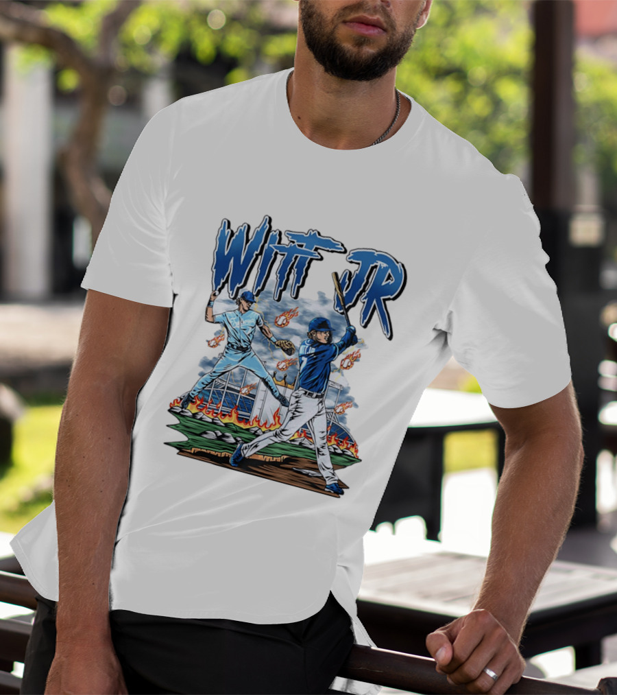 Bobby Witt Jr Kansas City Royals Baseball Player Illustration With Dynamic Action Scenes T-Shirt