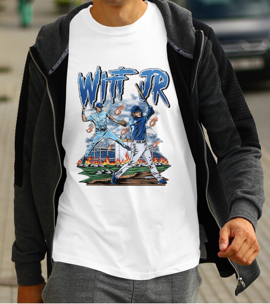 Bobby Witt Jr Kansas City Royals Baseball Player Illustration With Dynamic Action Scenes T-Shirt