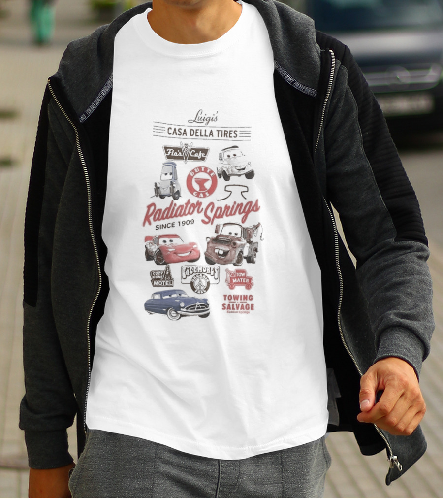 Luigi's Casa Della Tires Radiator Springs Classics Since 1909 Piston Cup Racing 95 Mater Tractor Tipping T-Shirt