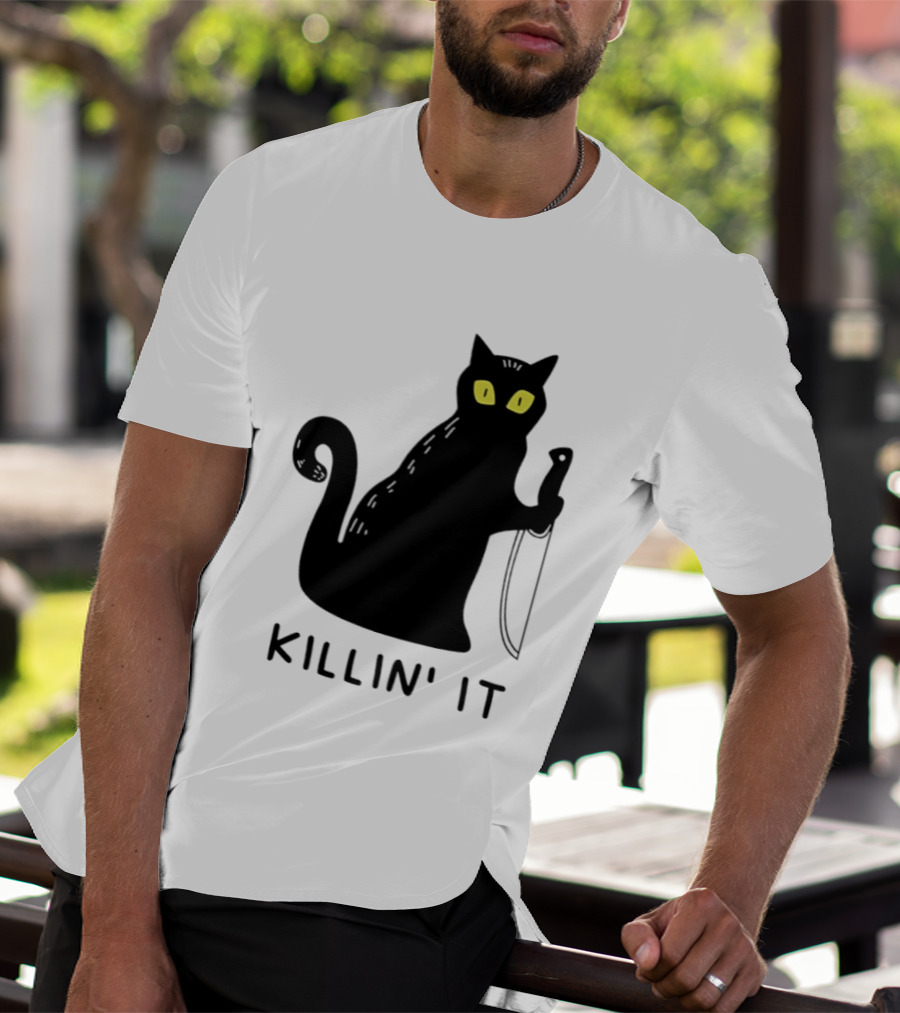 Black Cat Killin' It Halloween Knife T-Shirt