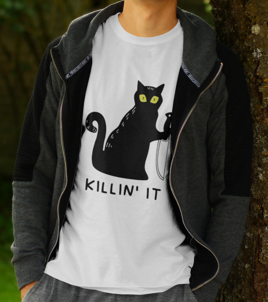 Black Cat Killin' It Halloween Knife T-Shirt