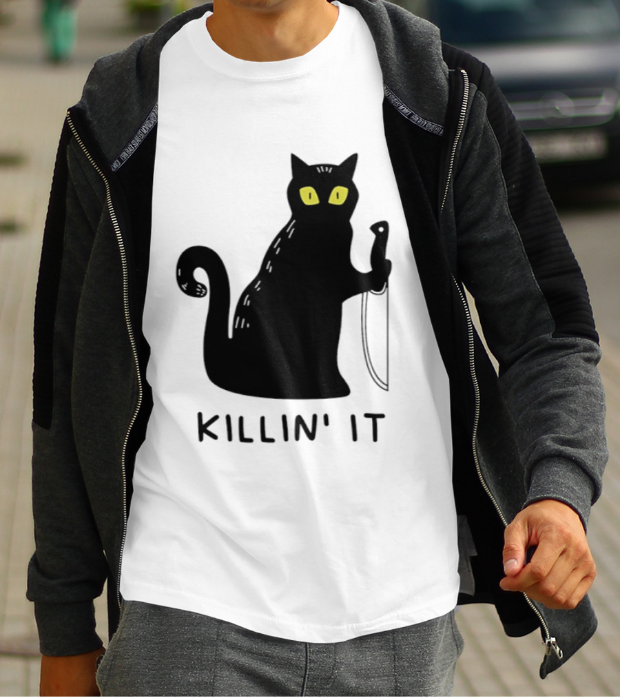 Black Cat Killin' It Halloween Knife T-Shirt