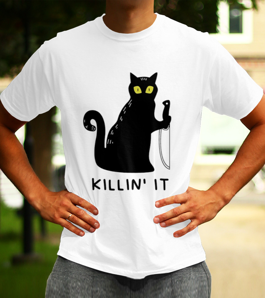 Black Cat Killin' It Halloween Knife T-Shirt