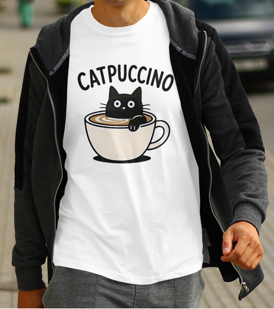 CATPUCCINO Black Cat In A Coffee Cup Cappuccino T-Shirt