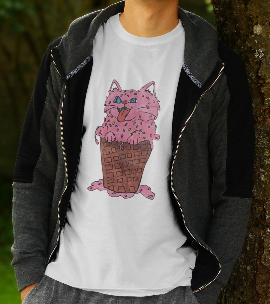 Pink Cat Ice Cream Cone Sprinkles Waffle Delight T-Shirt