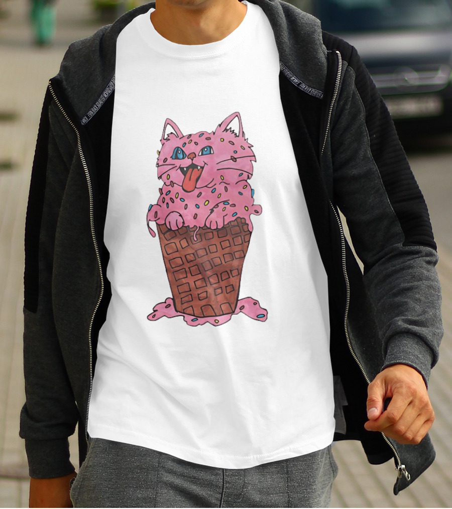 Pink Cat Ice Cream Cone Sprinkles Waffle Delight T-Shirt