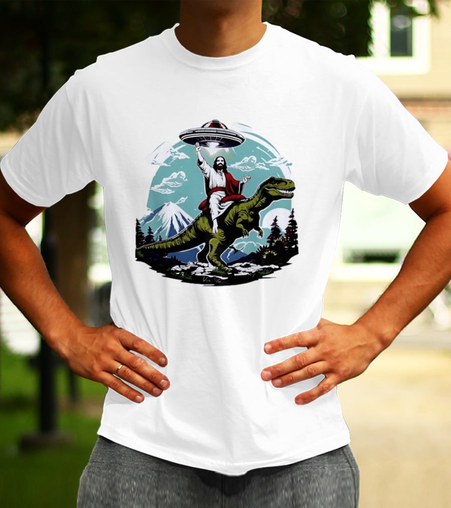 Jesus Riding Rex UFO Nature Scene With Mountains And Trees T-Shirt
