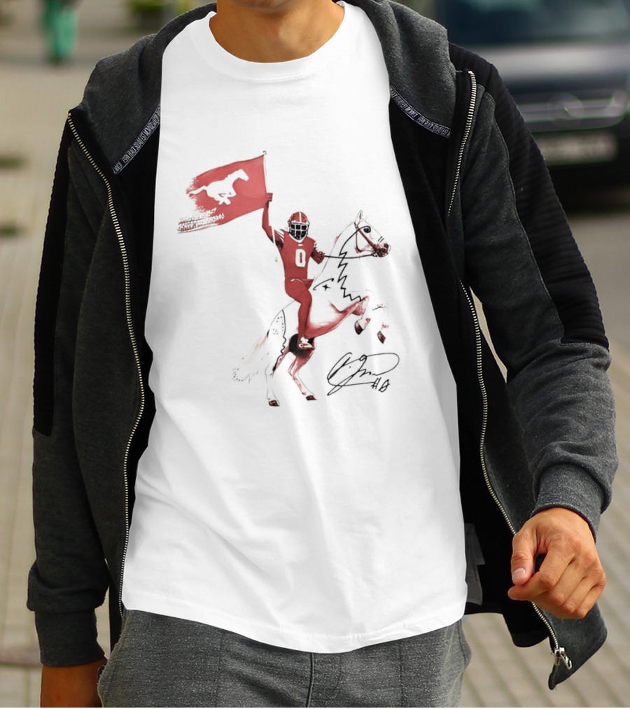 SMU Mustangs Football Player Riding Horse Holding Flag Number 0 T-Shirt