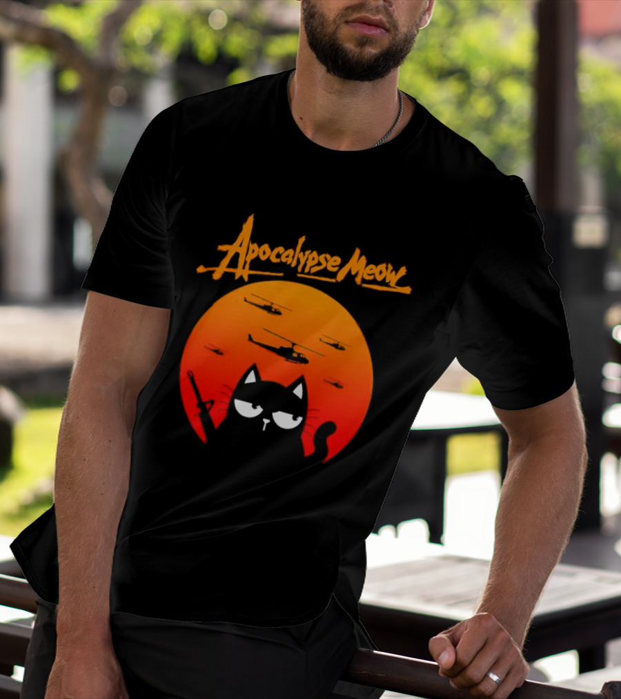 Apocalypse Meow Cat Helicopter Orange Sun T-Shirt