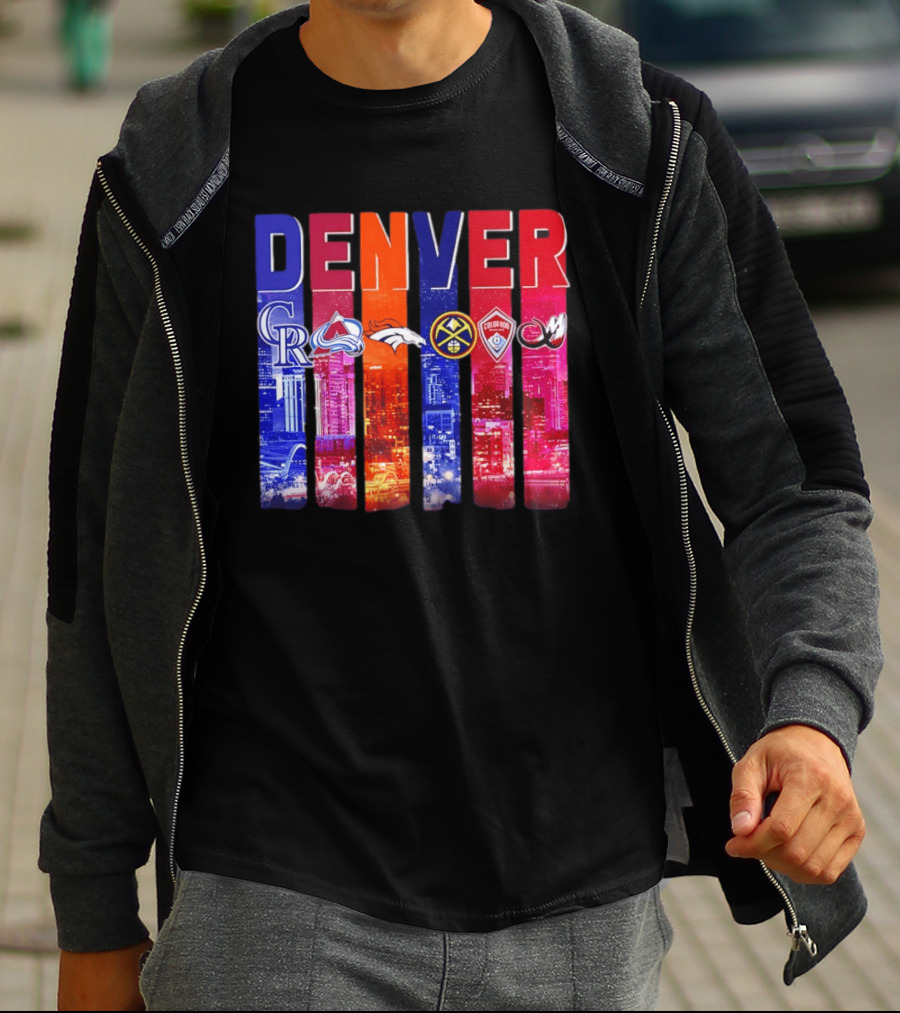 Denver City Skyline With Colorado Rockies Avalanche Broncos Nuggets Rapids Mammoth T-Shirt