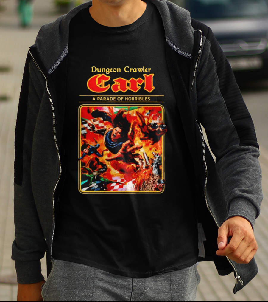 Dungeon Crawler Carl A Parade Of Horribles Fiery Adventure Scene With Characters T-Shirt