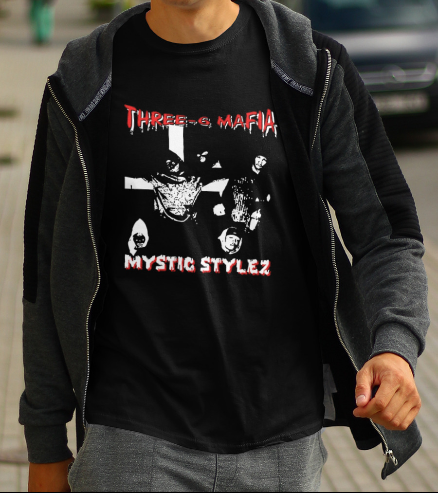 Three 6 Mafia Mystic Stylez Back Against The Wall Two Sided T-Shirt