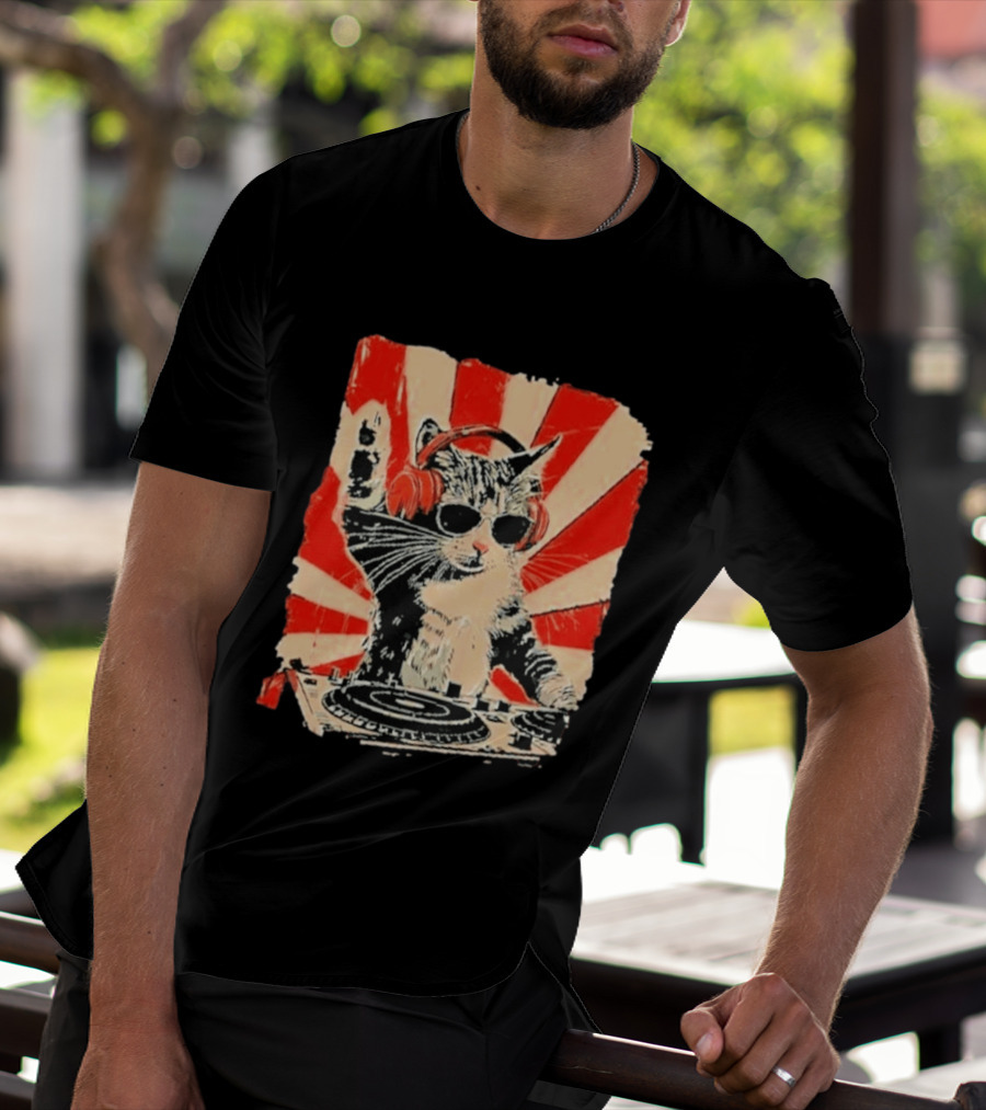 DJ Cat With Headphones Red Sunburst T-Shirt