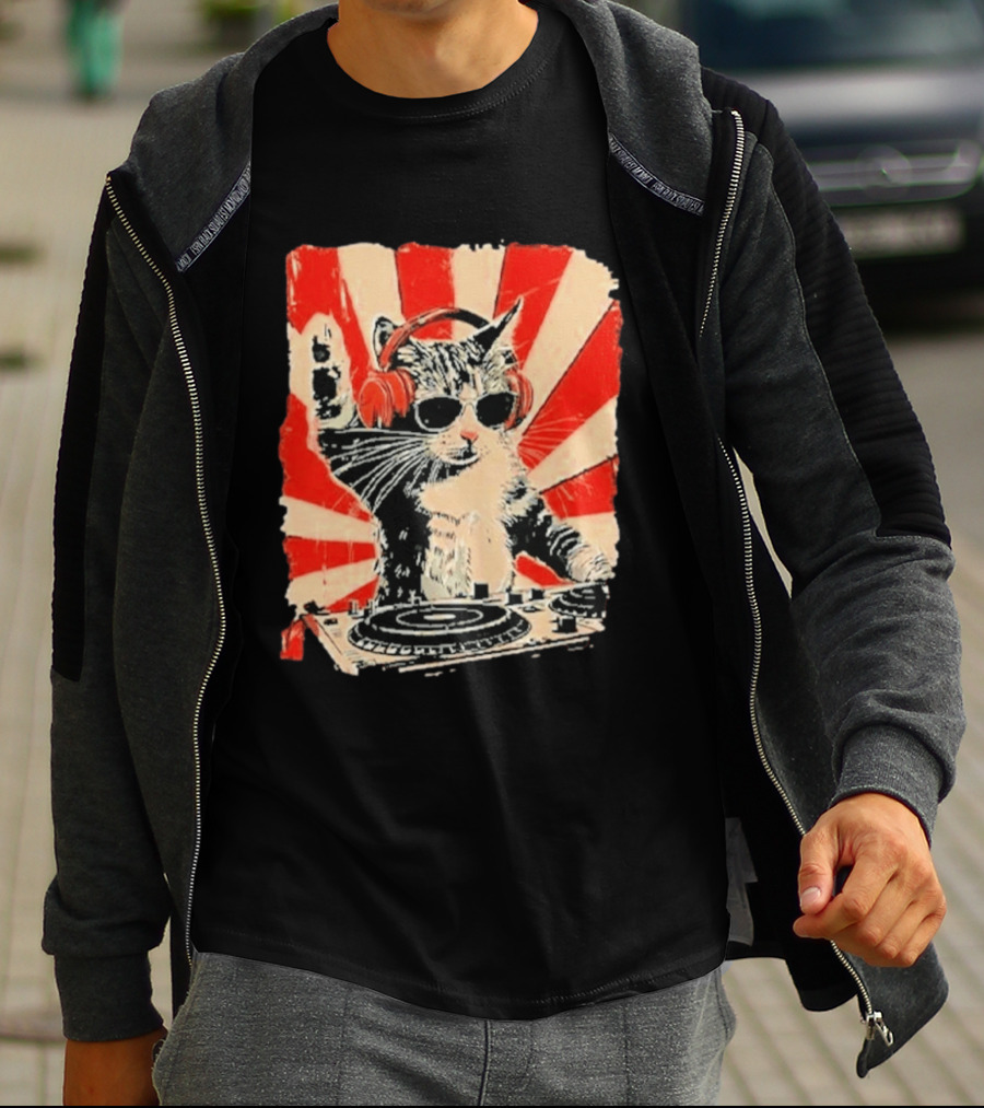 DJ Cat With Headphones Red Sunburst T-Shirt