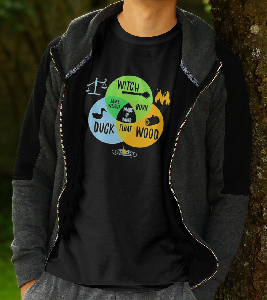 Monty Python Witch Duck Same Weight Made Of Wood Burn Float Venn Diagram T-Shirt