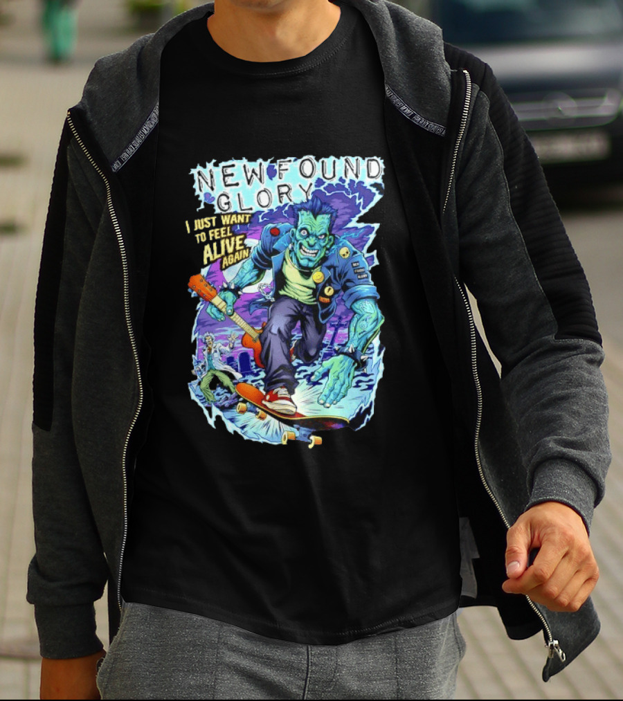 New Found Glory I Just Want To Feel Alive Again Frankenstein Skateboard Zombie Punk T-Shirt