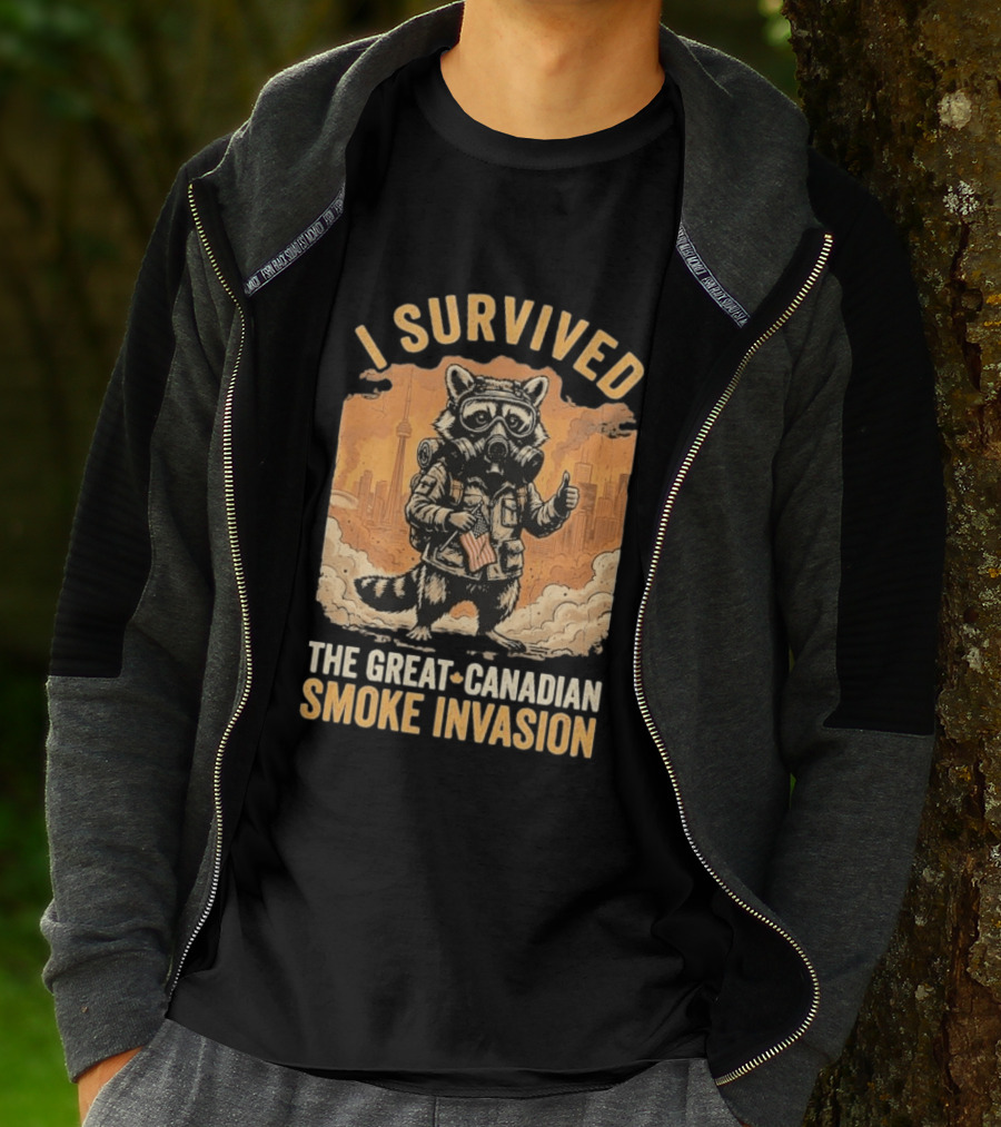 I Survived The Great Canadian Smoke Invasion Raccoon Cityscape Gas Mask T-Shirt