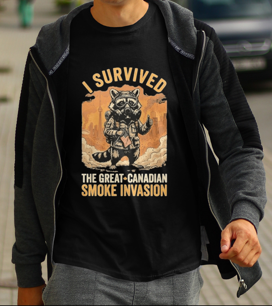 I Survived The Great Canadian Smoke Invasion Raccoon Cityscape Gas Mask T-Shirt