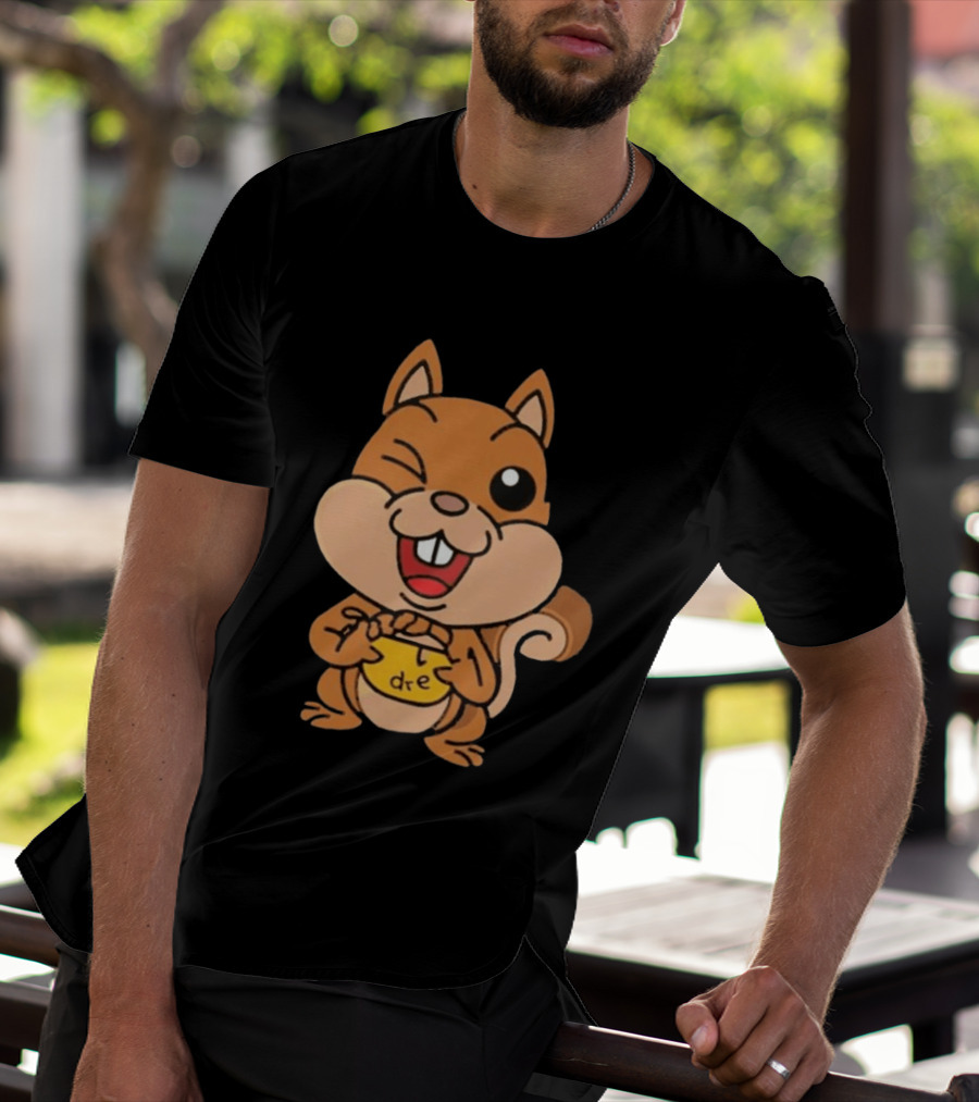 Cartoon Squirrel Holding Yellow Object With "dre" T-Shirt