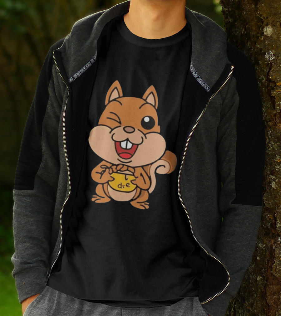 Cartoon Squirrel Holding Yellow Object With "dre" T-Shirt