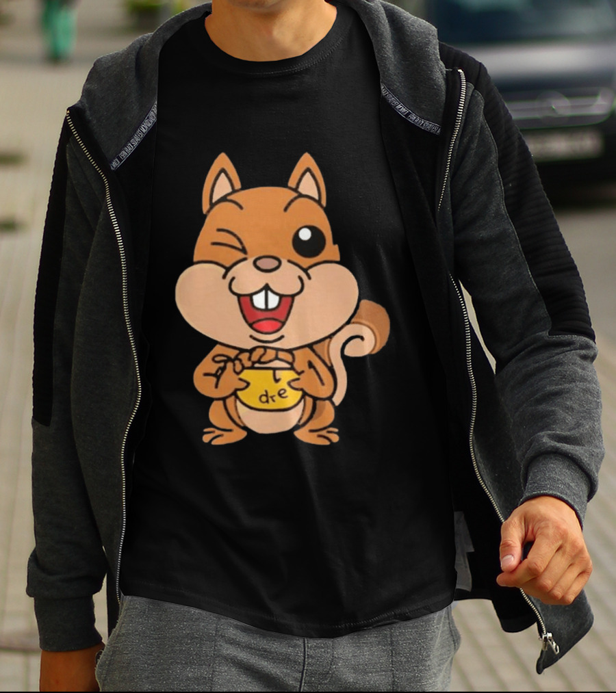 Cartoon Squirrel Holding Yellow Object With "dre" T-Shirt