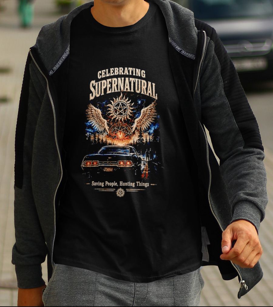 Celebrating Supernatural Saving People Hunting Things Angel Wings Classic Car T-Shirt