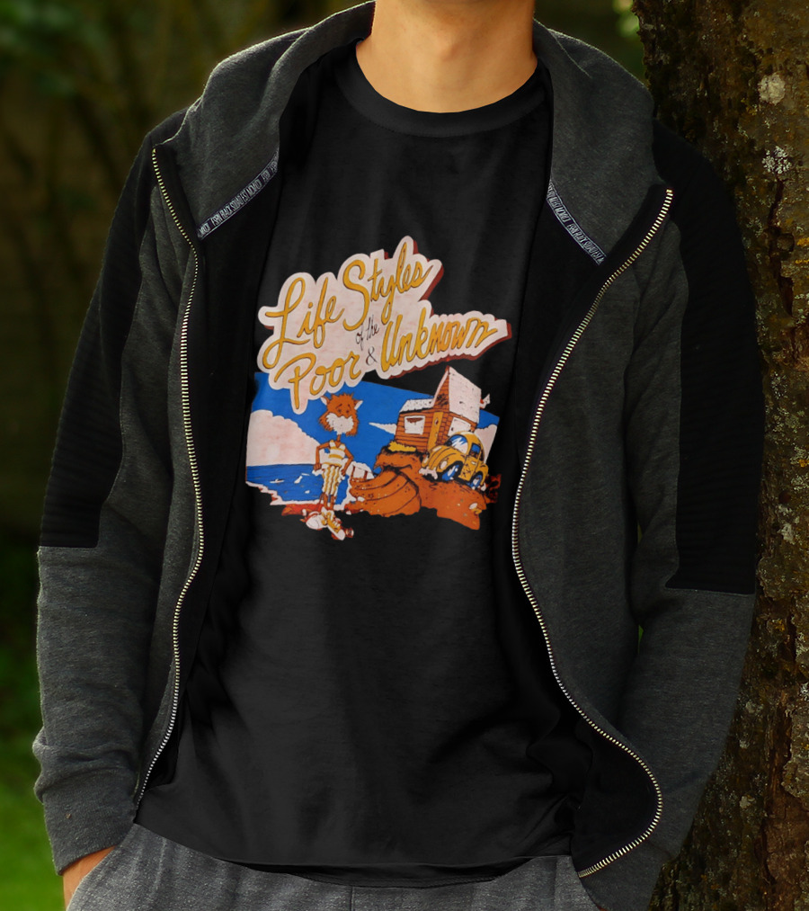 Life Styles Of The Poor And Unknown Cartoon Cat Beach Scene With House And Car T-Shirt