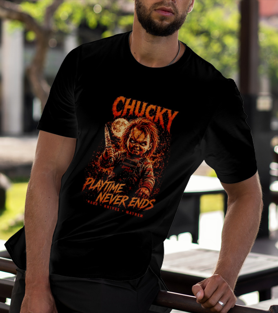 Chucky Playtime Never Ends Chaos Knives Mayhem T-Shirt