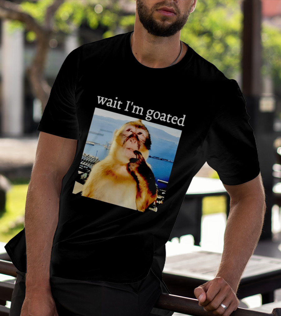 Wait I'm Goated Monkey Meme Coastal View Playful Expression T-Shirt