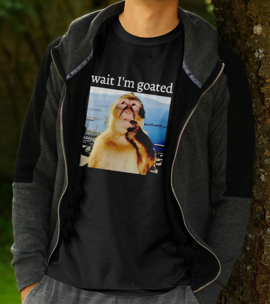 Wait I'm Goated Monkey Meme Coastal View Playful Expression T-Shirt