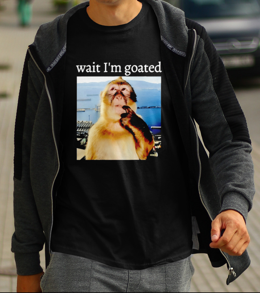 Wait I'm Goated Monkey Meme Coastal View Playful Expression T-Shirt