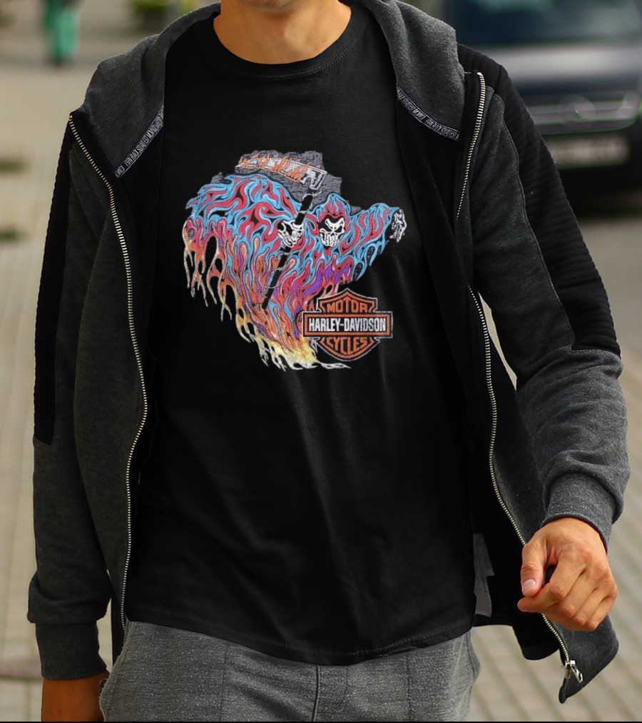 Warren Lotas Harley Davidson Reaper Flames Motor Cycles T-Shirt