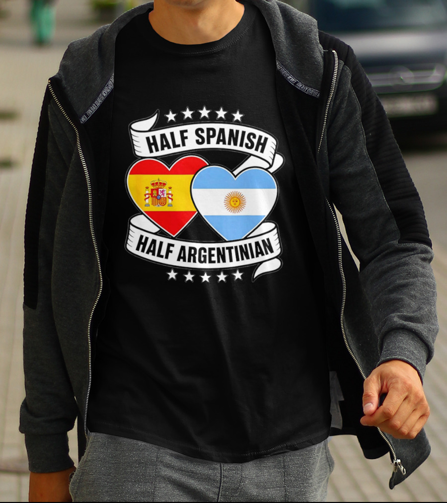 Half Spanish Half Argentinian Heart Flags Banner Star T-Shirt
