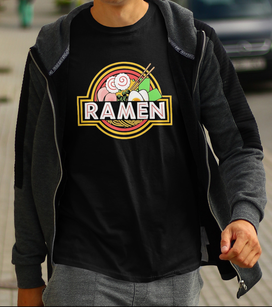Ramen Jurassic Park Japanese Food Logo Parody With Noodles And Chopsticks T-Shirt