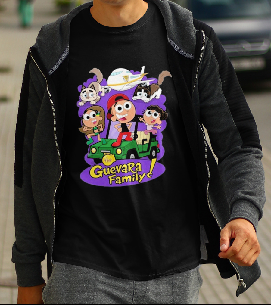 The Guevara Family Cartoon Adventure With Pets And Airplane T-Shirt