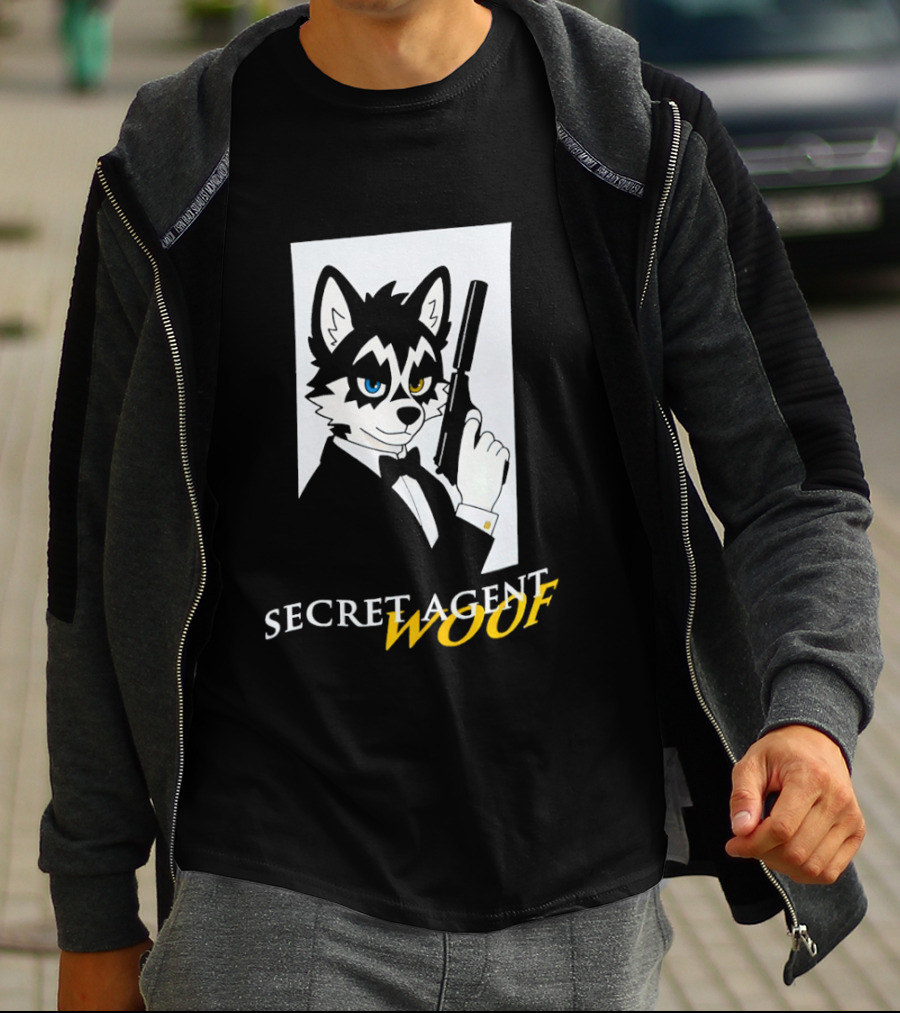 Secret Agent Woof Husky Tuxedo Spy Dog Holding Pistol Image T-Shirt