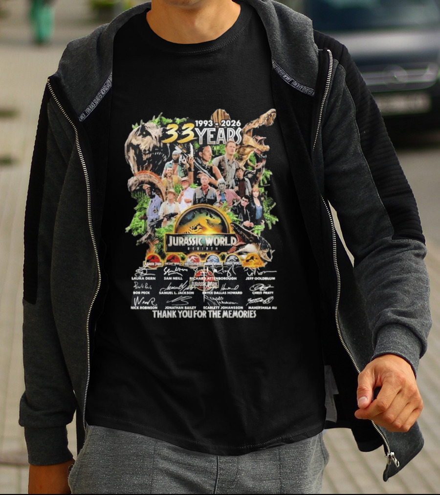 Jurassic Park Jurassic World 1993 2026 33 Years Thank You For The Memories Signatures T-Shirt
