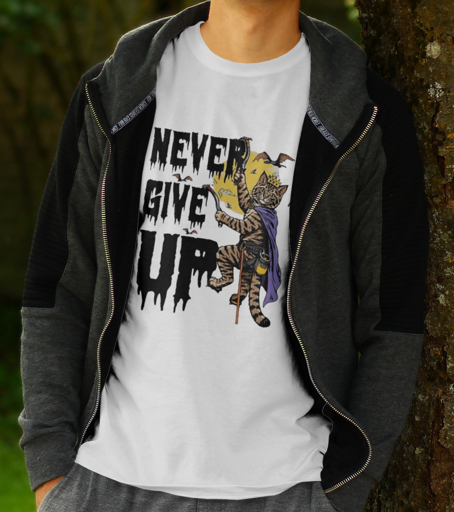 Never Give Up Cat Climbing With Crown And Cape T-Shirt
