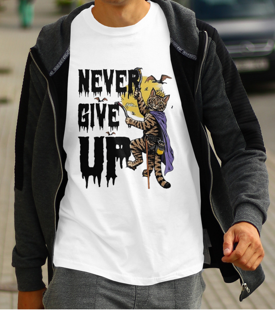 Never Give Up Cat Climbing With Crown And Cape T-Shirt