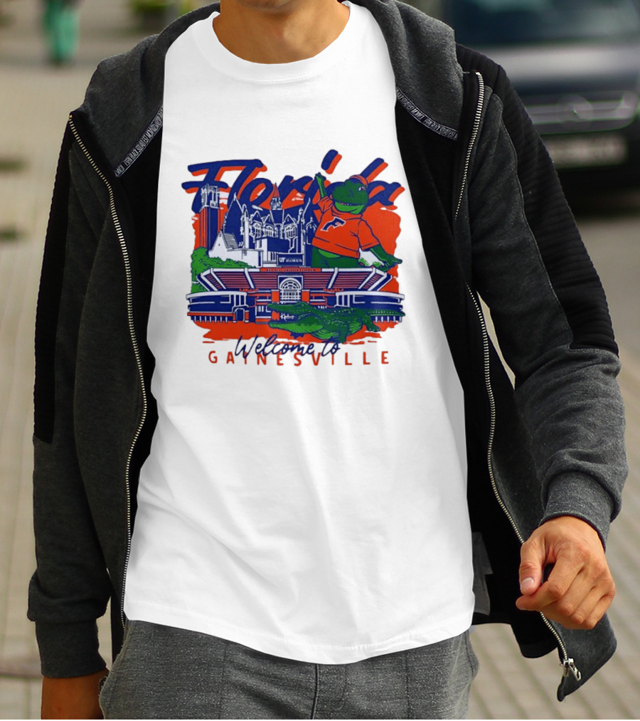 Florida Gators Welcome To Gainesville Stadium And Mascot Collage T-Shirt