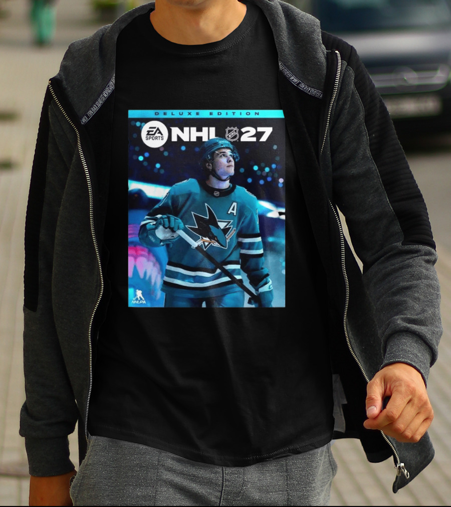 EA Sports NHL 27 Deluxe Edition Macklin Celebrini San Jose Sharks Cover Athlete T-Shirt