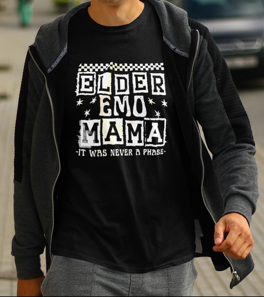 Elder Emo Mama It Was Never A Phase Vintage Retro Checkerboard Star Emo Font T-Shirt