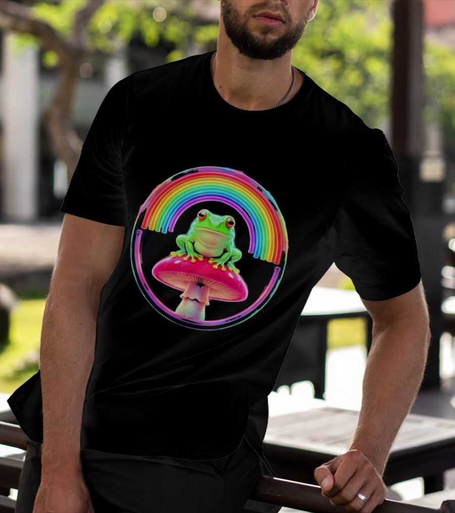 Neon Frog On Mushroom Under Vibrant Rainbow Circle T-Shirt
