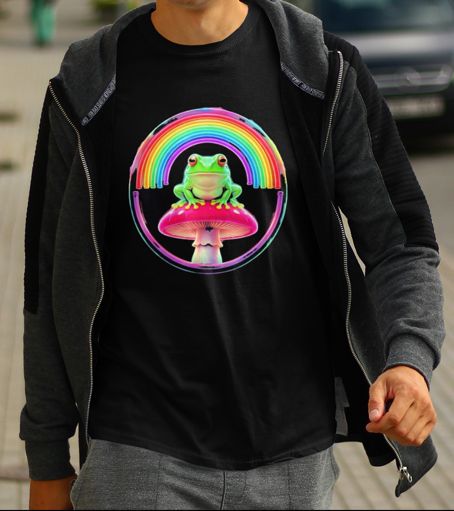 Neon Frog On Mushroom Under Vibrant Rainbow Circle T-Shirt