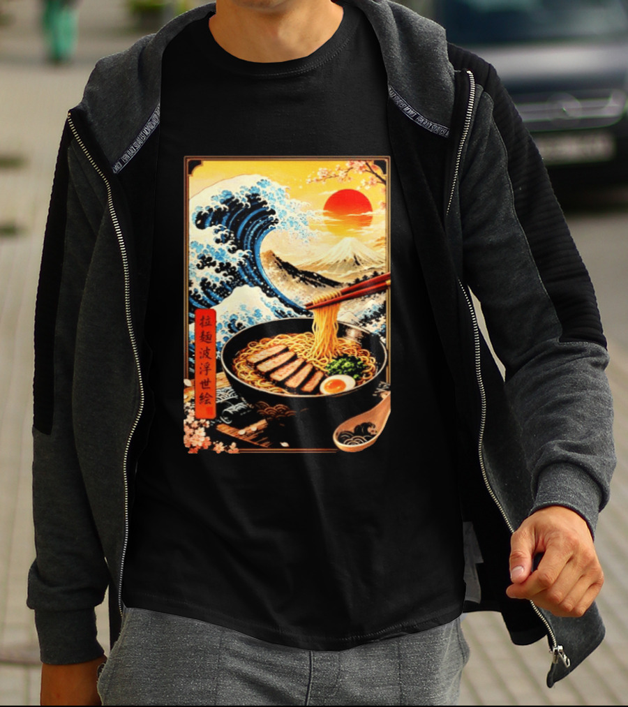 Great Wave Ramen Ukiyo E Japanese Noodles Cherry Blossoms Sun Mountain T-Shirt