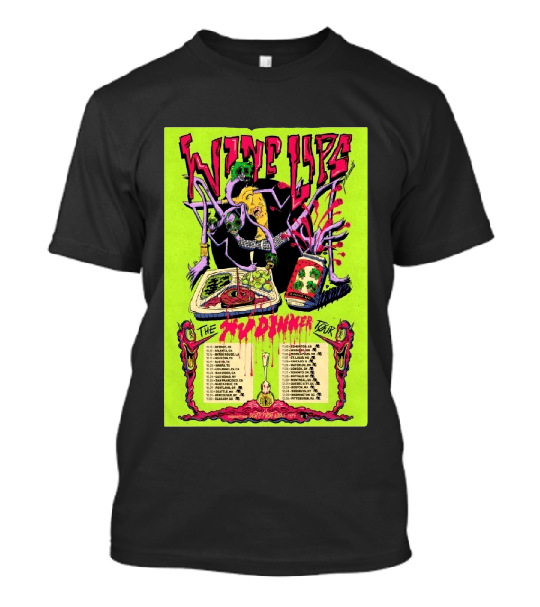 Wine Lips TV Dinner Tour 2026 Canada USA Neon Zombie Concert T-Shirt